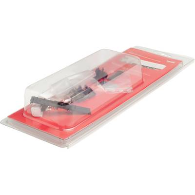 Model railway points in a transparent plastic packaging set against a red background.