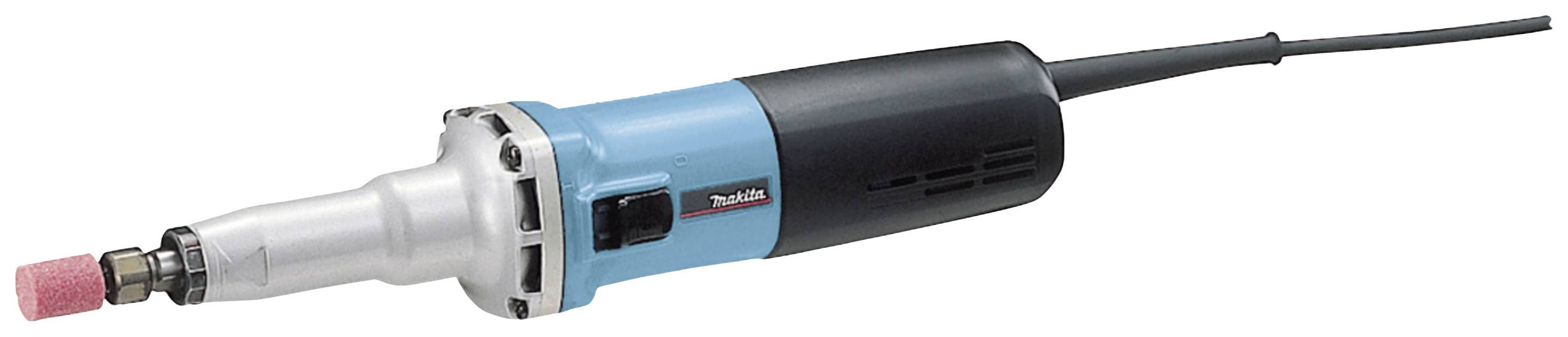 An electric grinding tool with a blue-black casing and a red grinding disc, used for precision grinding work.