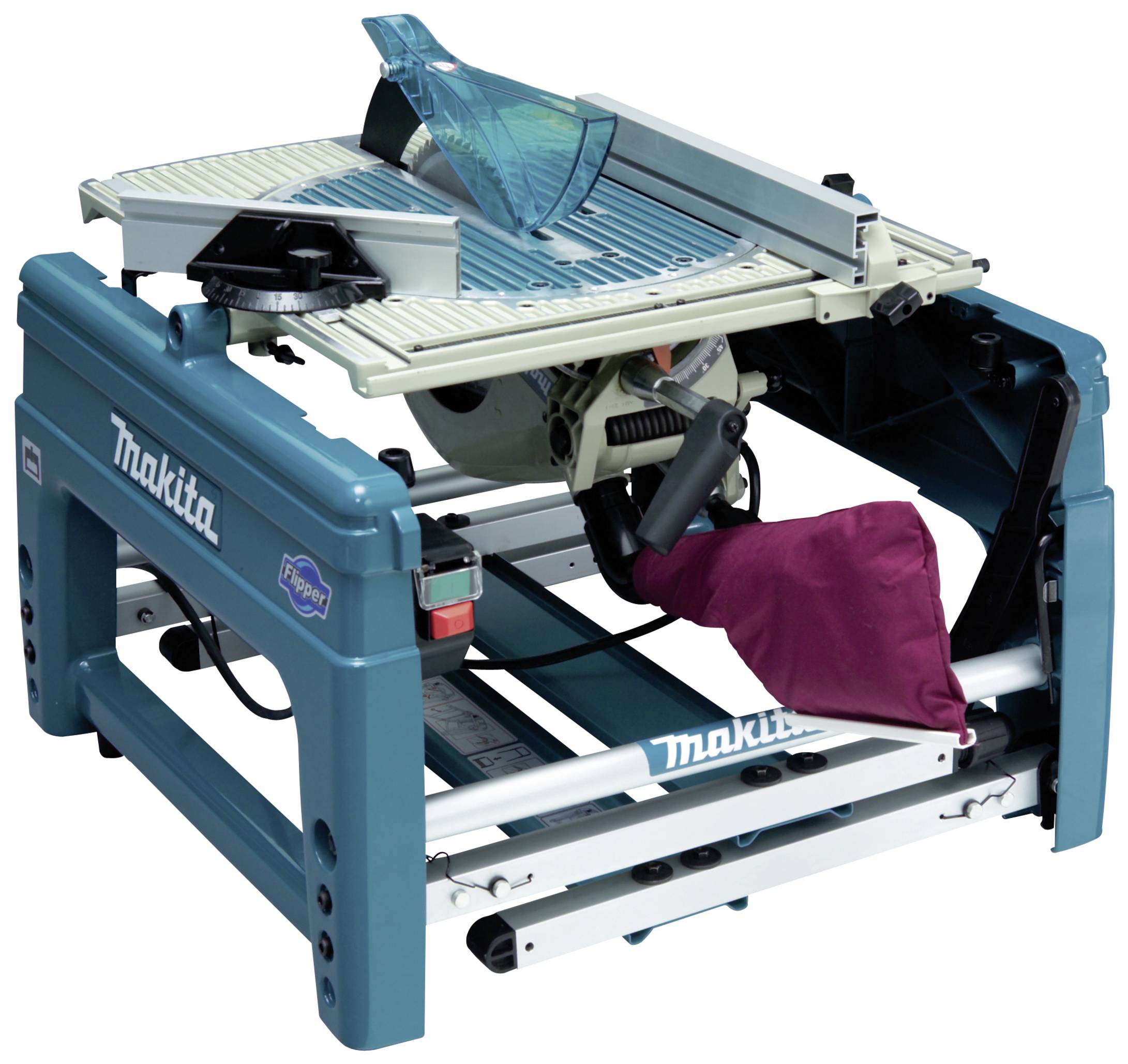 A blue Makita table saw with protective cover and sliding carriage, suitable for precise wood cutting.
