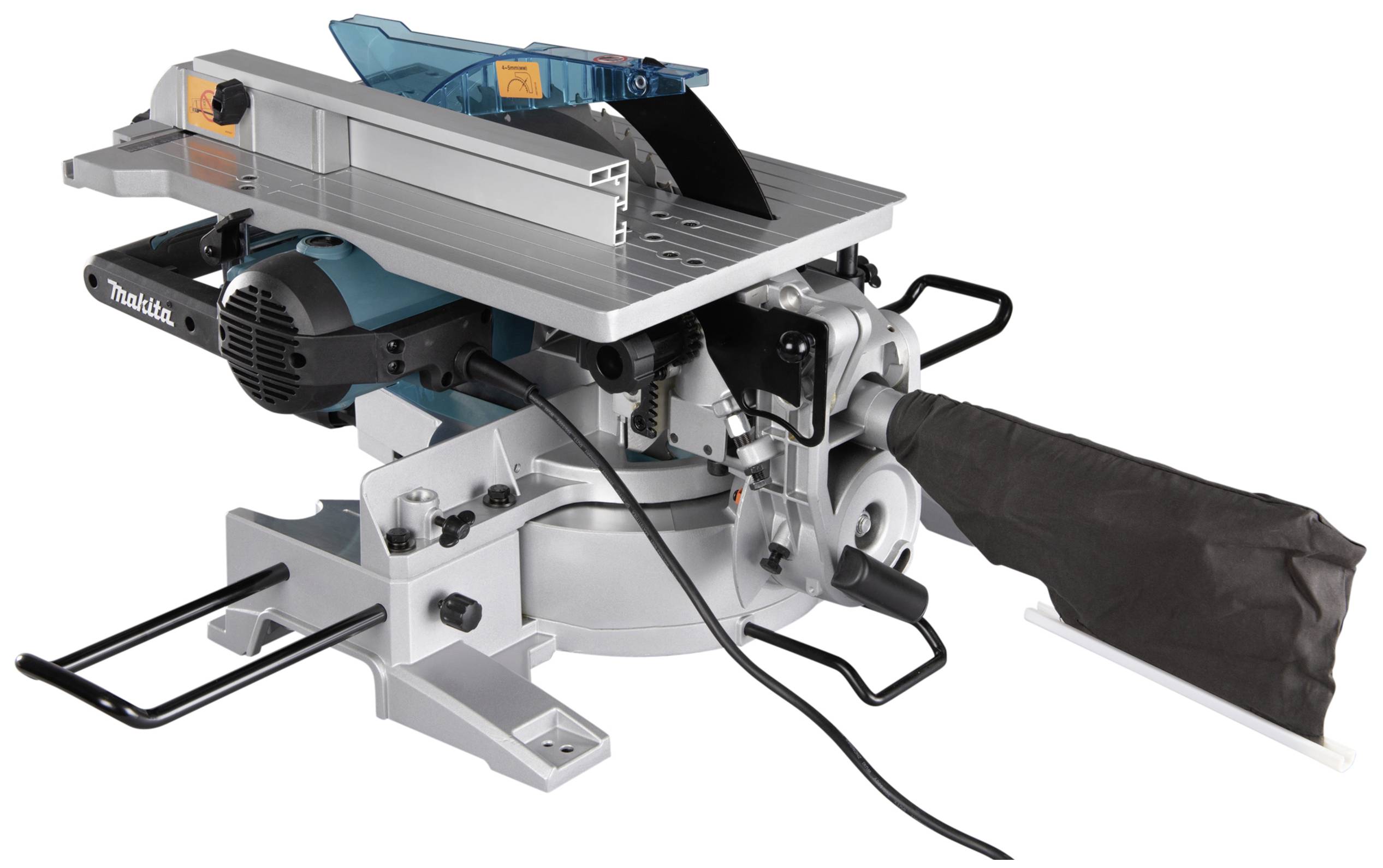 Mitre saw with table, mitre adjustment and dust bag, suitable for precise cutting of wood materials.