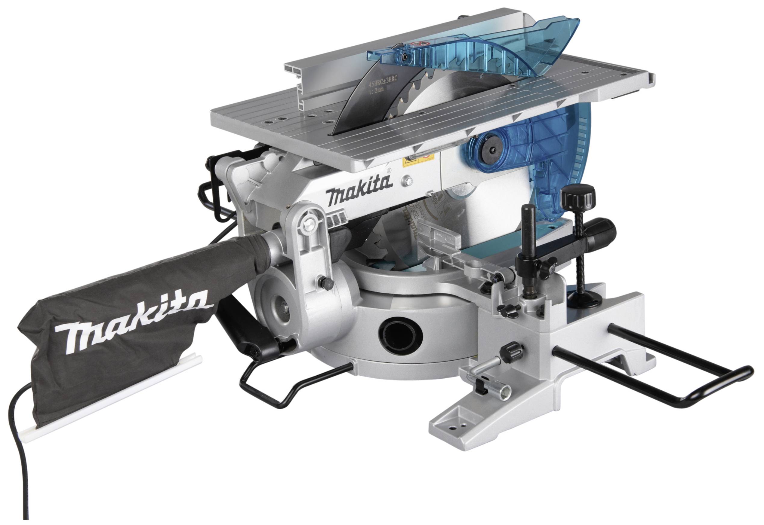 A silver table and mitre saw with blue guard and dust bag, suitable for precise woodworking.