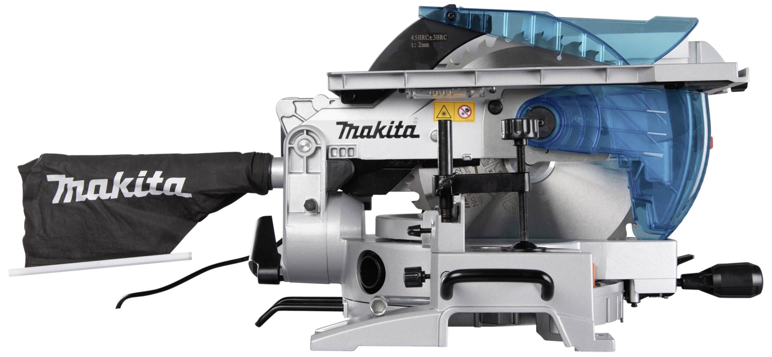 Circular saw with a protective cover in blue, mounted on a table. A dust collection bag with the 'Makita' logo is attached.