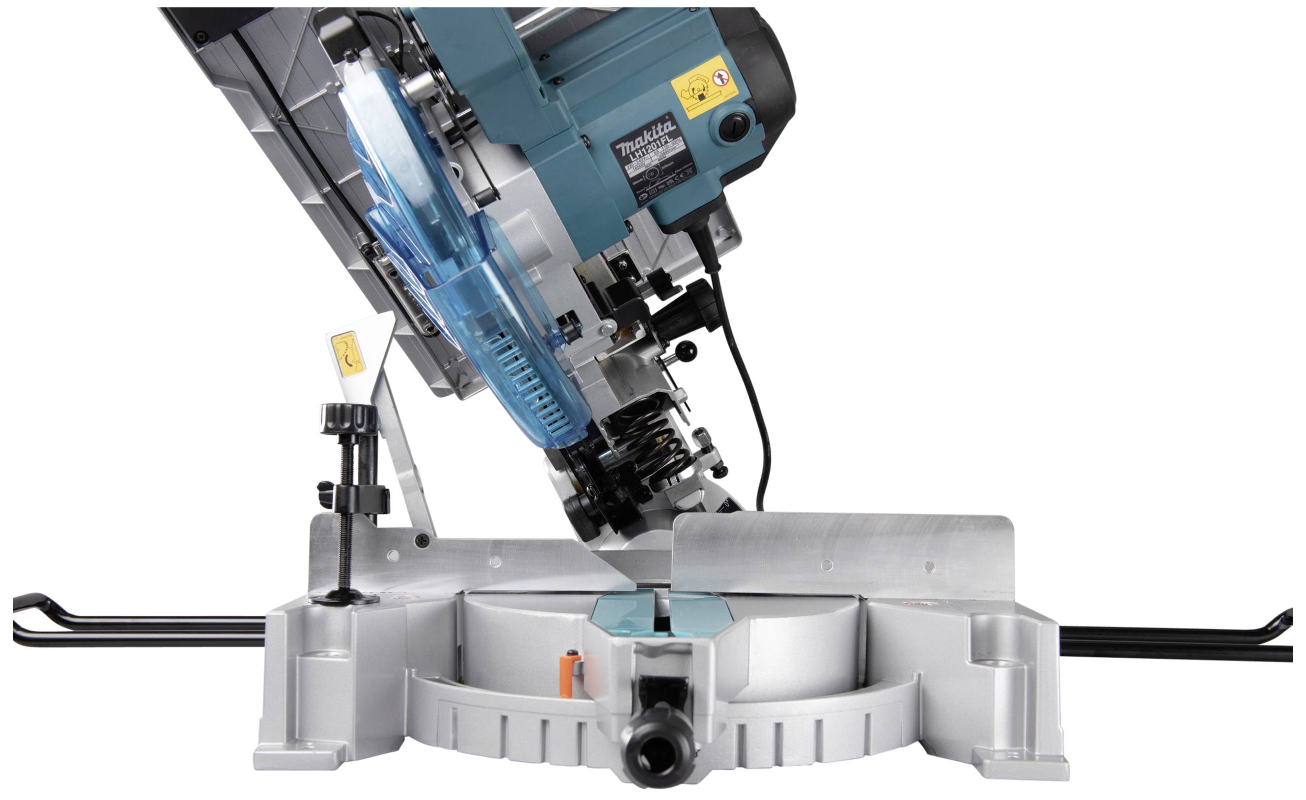 Image of a mitre saw, angled for a cut. Technical details such as the safety guard and connections are visible.