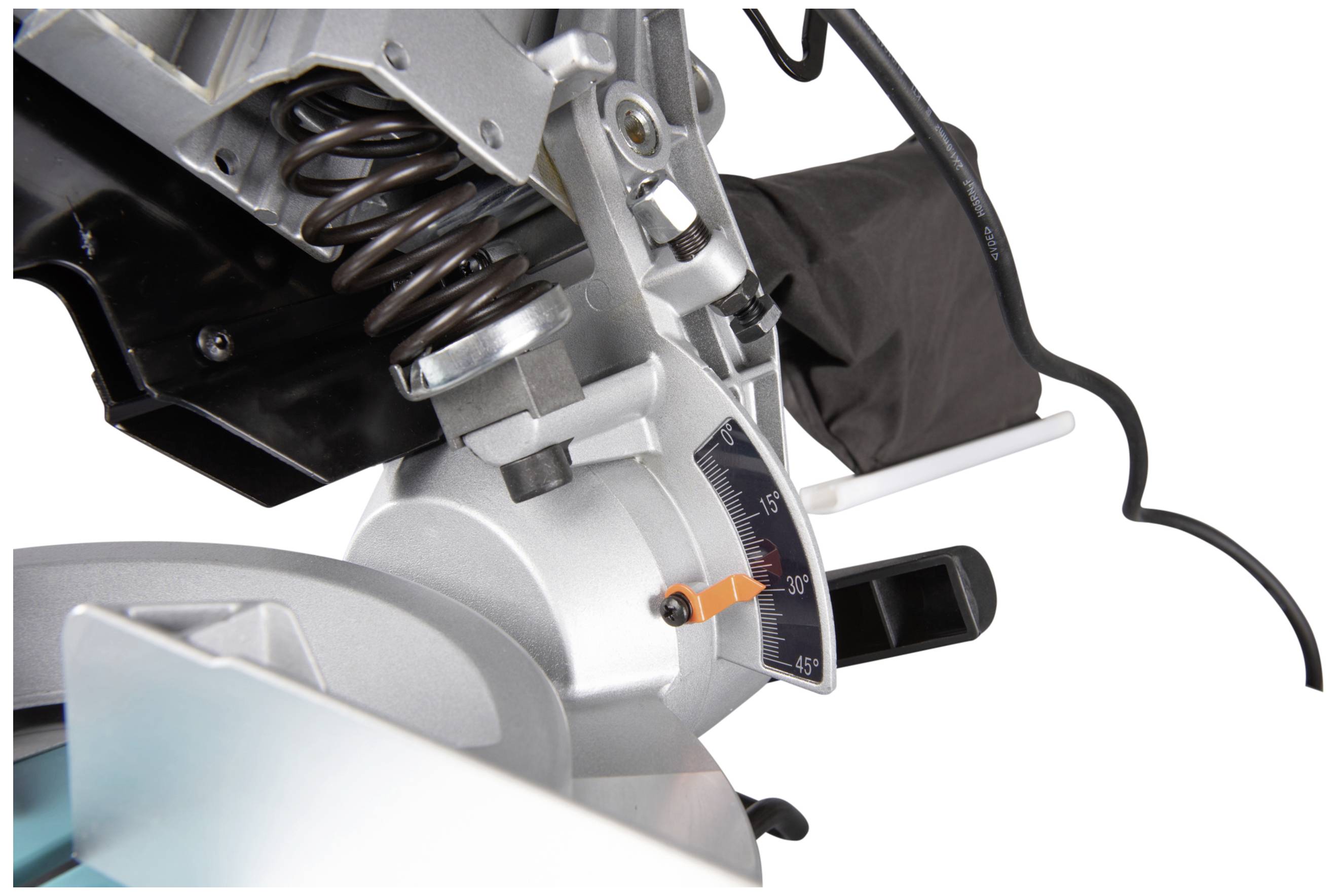 Close-up view of a mitre saw, with the angle indicator showing 45 degrees. Reddish-brown feather in the background.