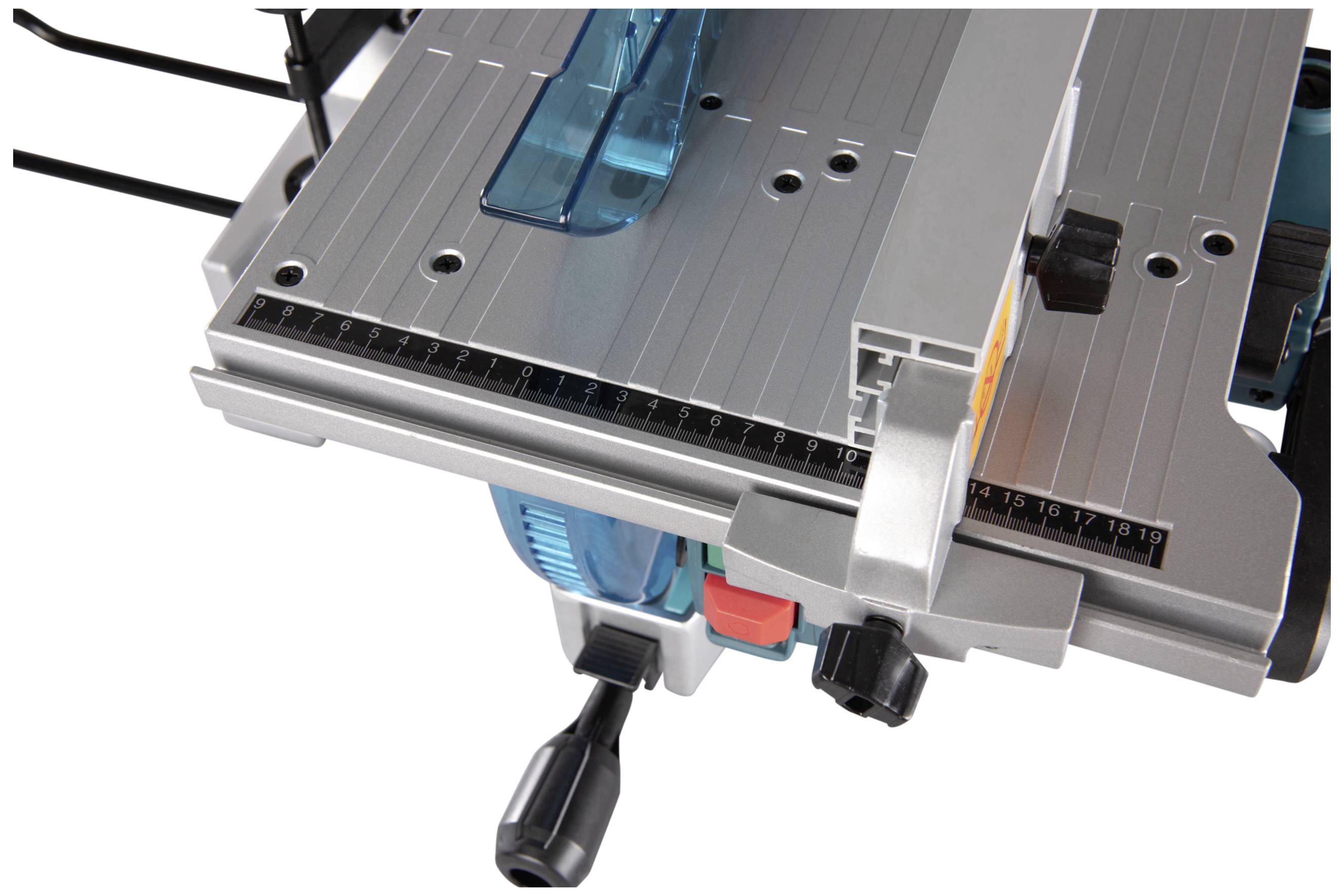 Table circular saw with scale and sliding carriage. Shows the precise guide rail for exact cutting of wood pieces.