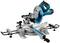 Electric mitre saw with blue casing and circular blade, suitable for cutting wood at precise angles.