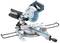 'Makita mitre saw in blue and silver, with dust bag. Manufactured for precise cutting of wood and other materials.'