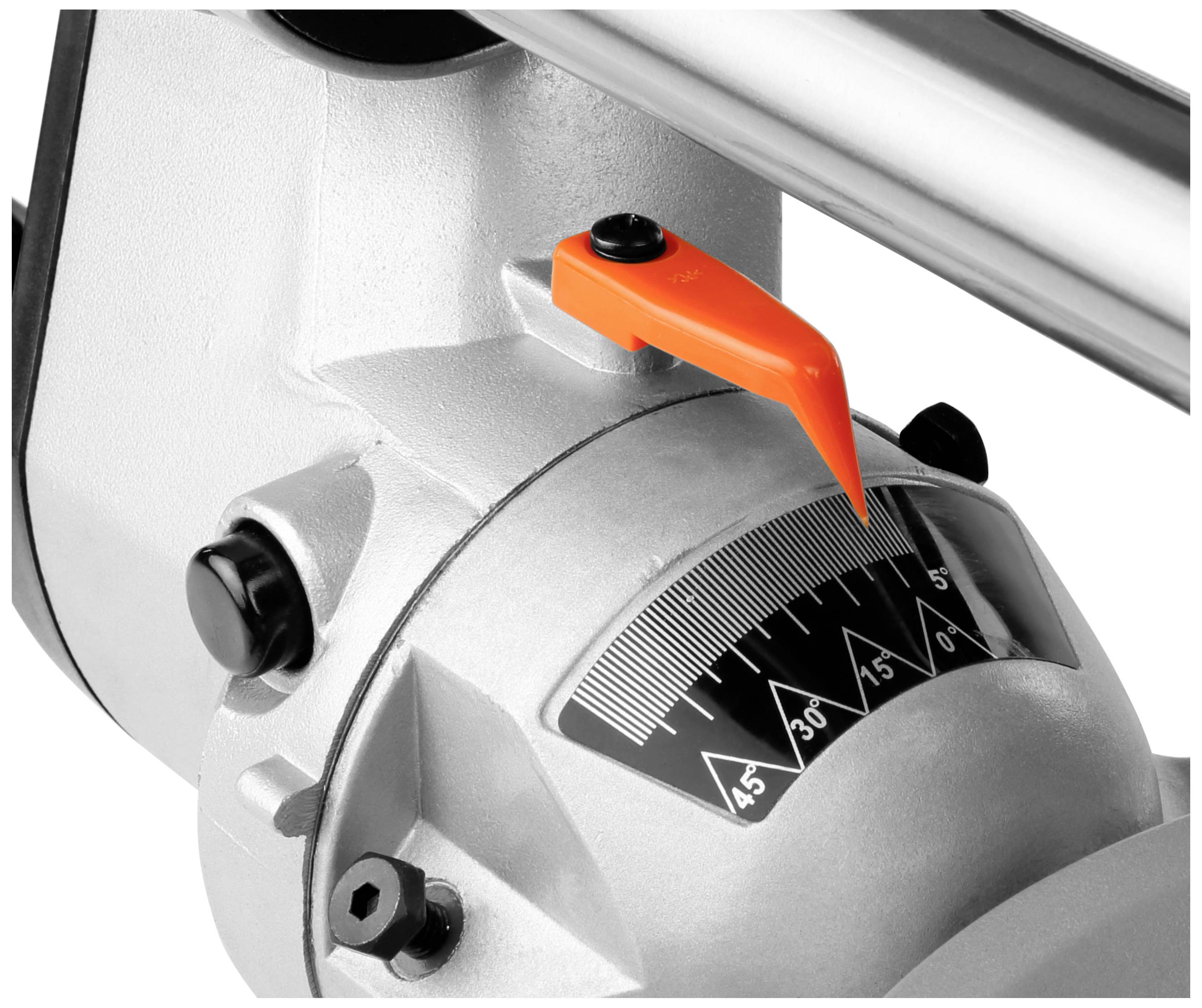 Silver circular saw with an orange lever set at an angle and an angle indicator ranging from 0 to 45 degrees.