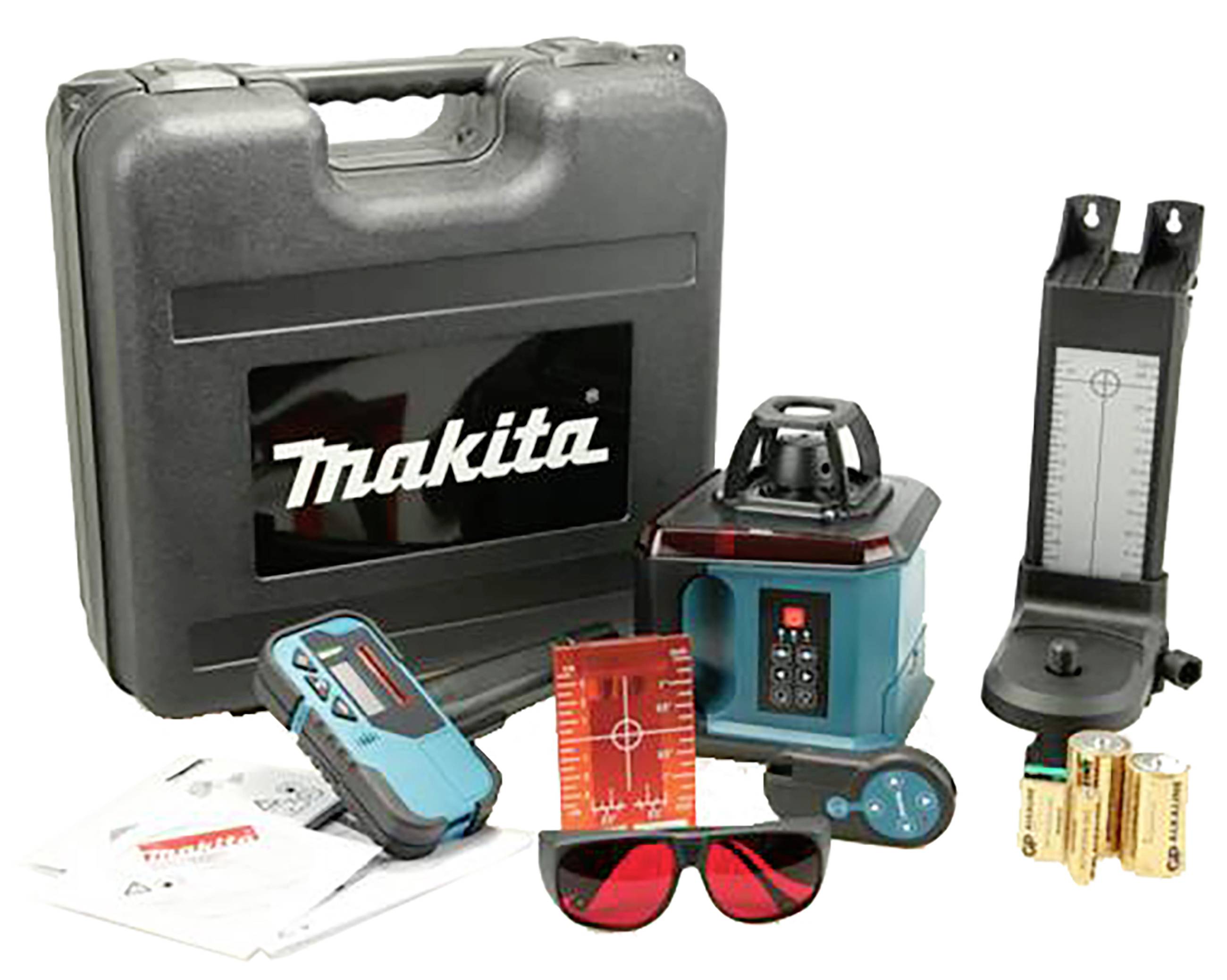 A laser measuring device set with case, digital receiver, target arrow, mounting bracket, batteries, and safety glasses.