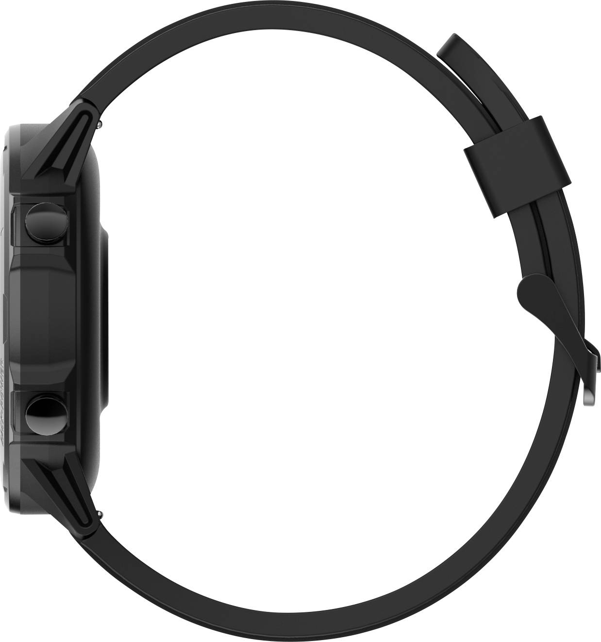 Black wristwatch from the side, slender design with a round case and two buttons visible. Minimalist aesthetic.
