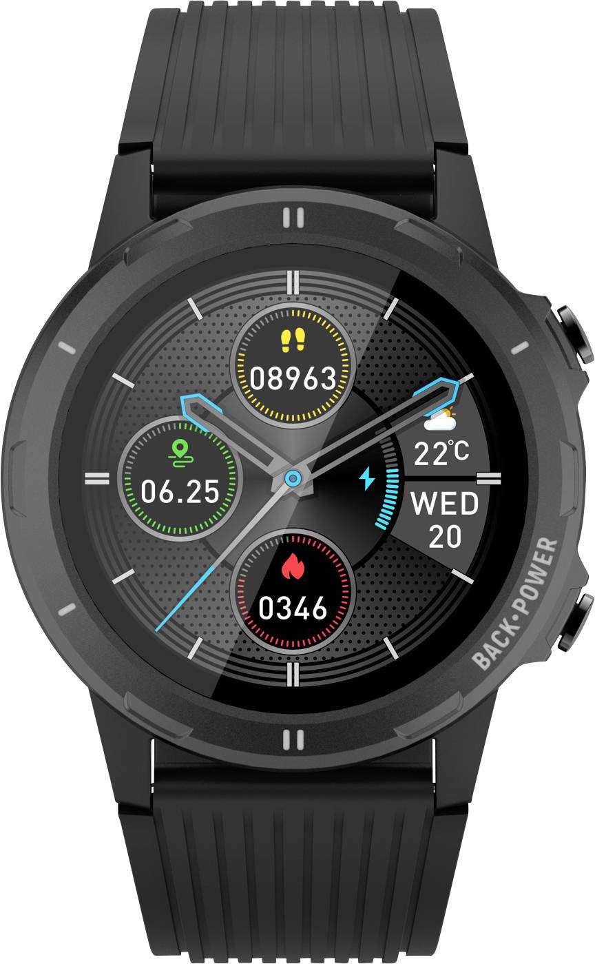 Black smartwatch with a round display. Shows time, date and fitness data such as steps, heart rate and calorie burn.