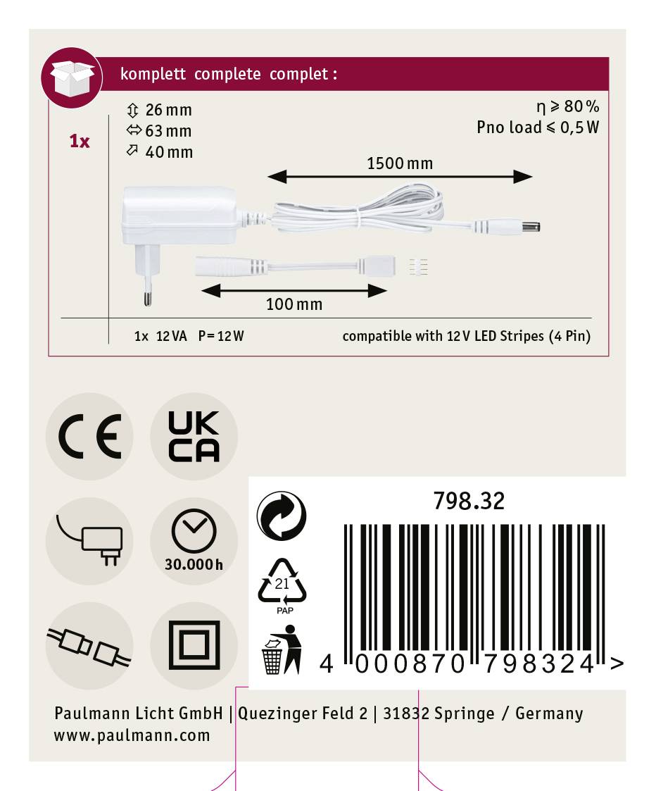 Paulmann LED transformer Constant voltage 12 W 1 A 12 V 1 pc(s)-1
