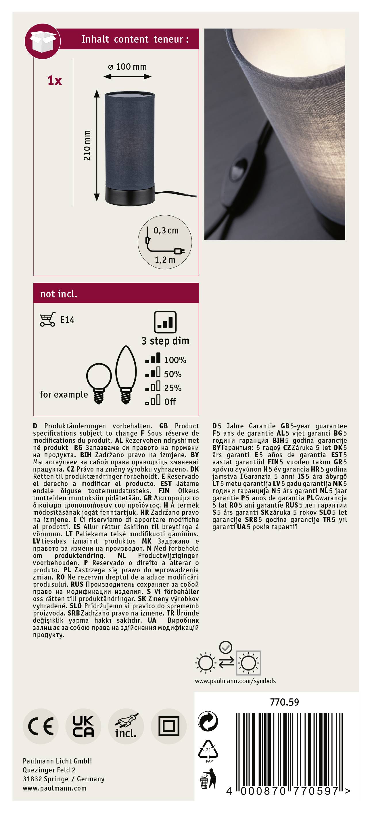 'Lamp with Dimmer' Packaging Reverse: Shows dimensions, dimming levels, lamp type (E14, not included) and technical details.