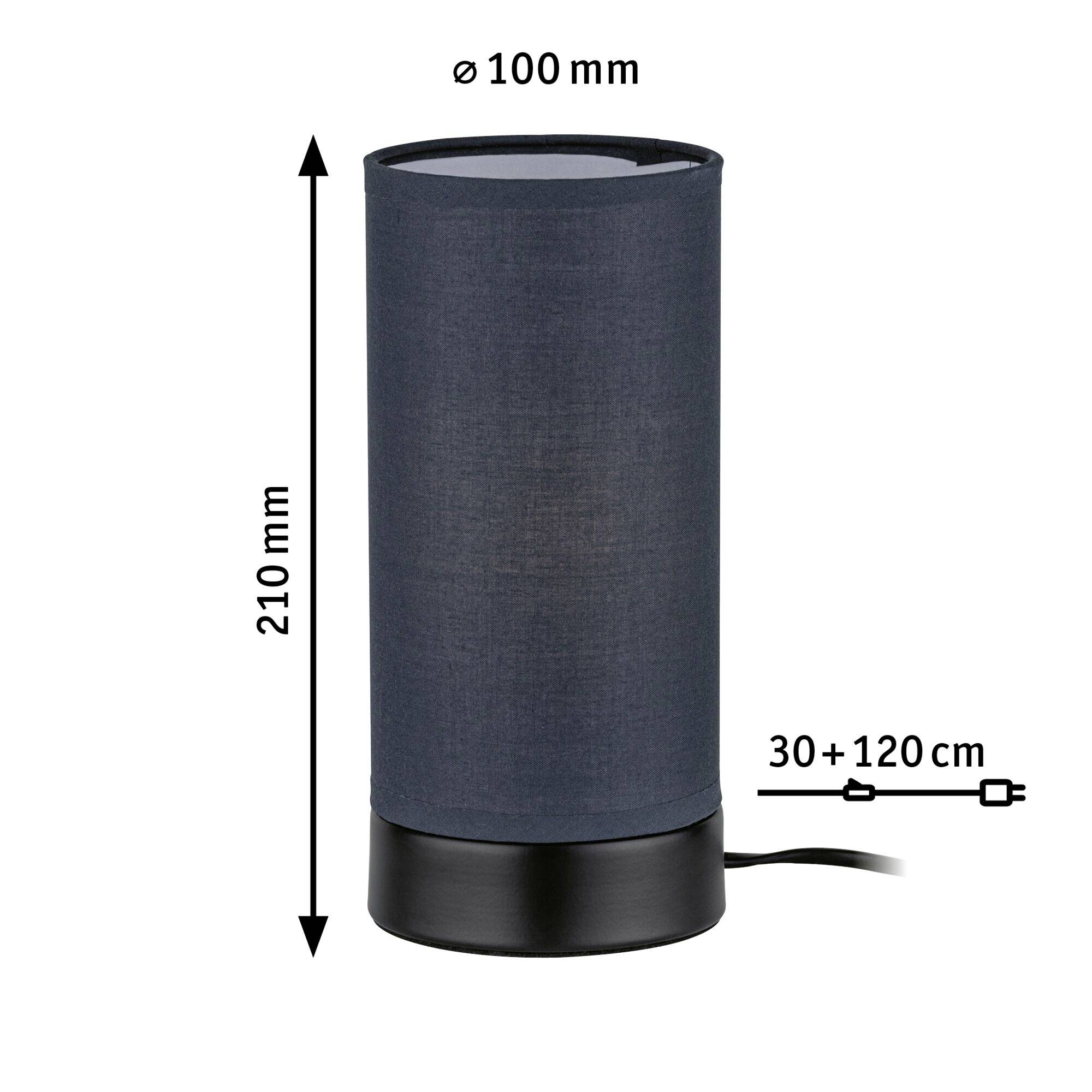 Cylindrical table lamp with black base and dark blue fabric shade. Height 210 mm, diameter 100 mm, cable 150 cm.