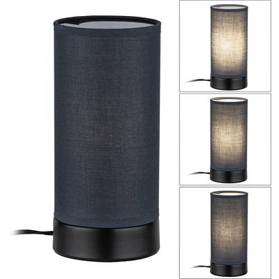 Black table lamp with fabric shade, showing different brightness levels when switched on in smaller images on the right.