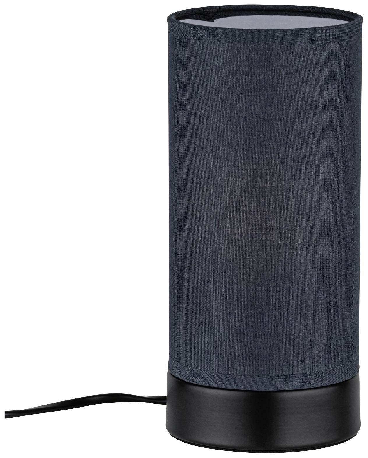 A black table lamp with a cylindrical lampshade is standing on a table. An electrical cable is visible on the left side.
