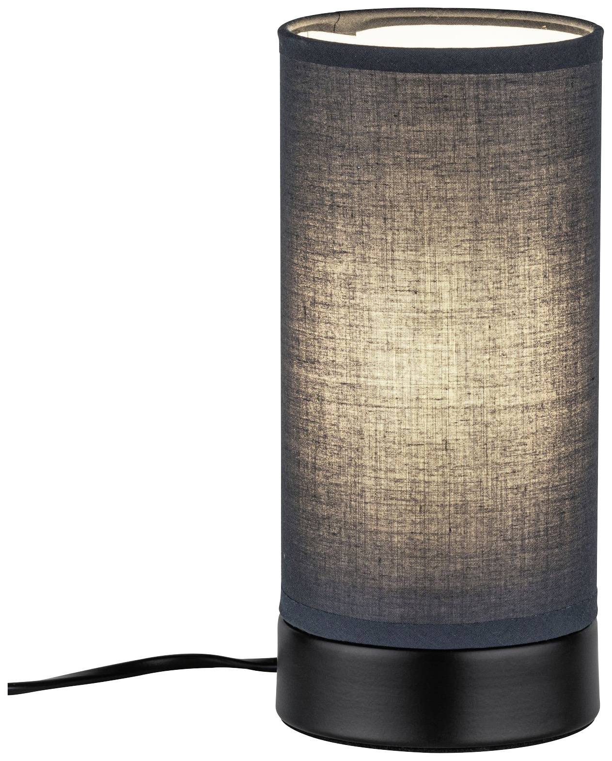 Cylindrical table lamp with a black base and black fabric shade, illuminated.