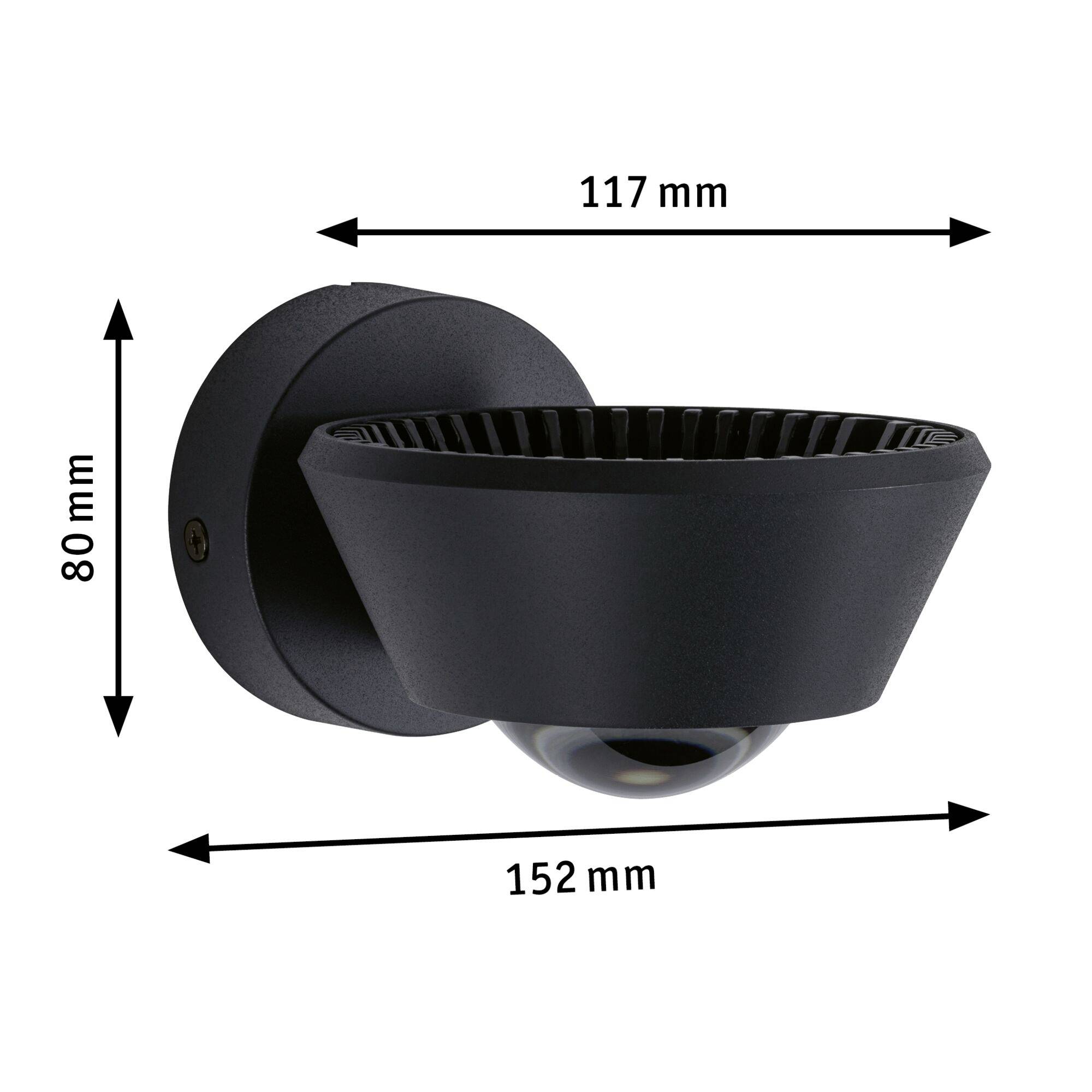 Black wall light with a fluted edge, spherical glass, and specified dimensions: 80 mm high, 117 mm deep, 152 mm wide.
