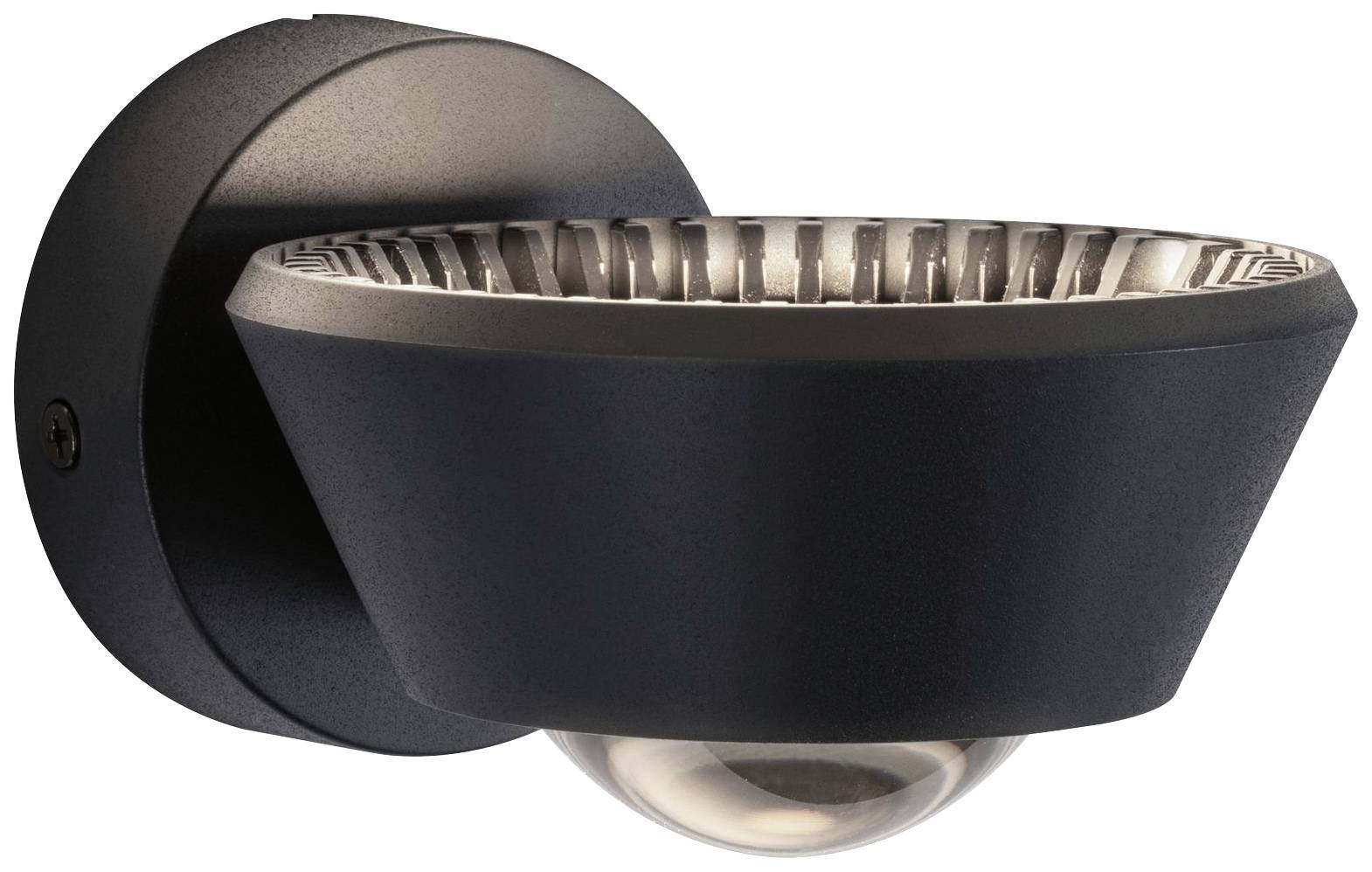 Black and grey wall light with a round housing and a glass hemisphere on the underside. Modern design for interior or exterior use.