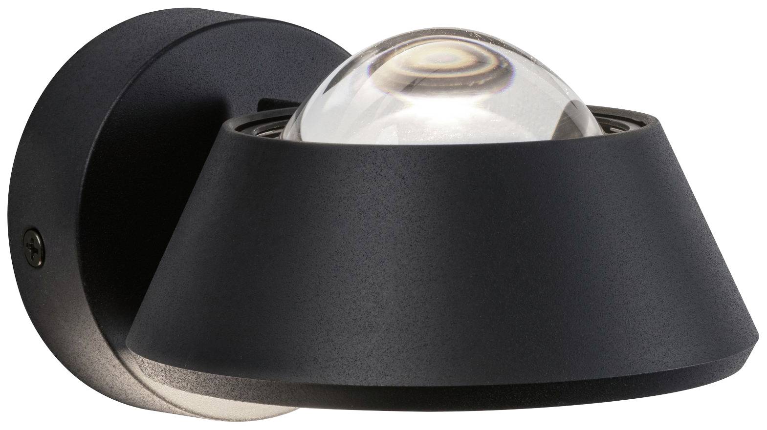 A black wall light with a conical design and a transparent glass dome on the top.
