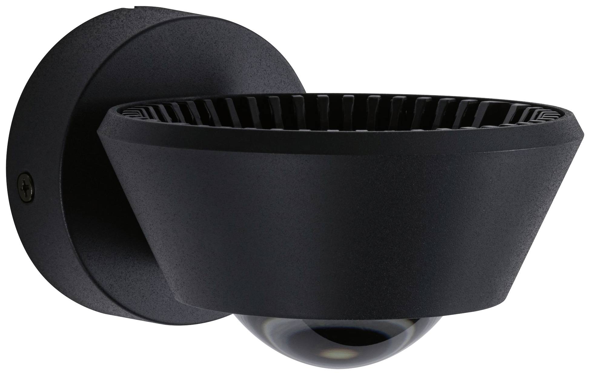 A black, wall-mounted security camera with a dome-shaped lens pointing downwards. Suitable for surveillance purposes.