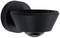 A black, wall-mounted security camera with a dome-shaped lens pointing downwards. Suitable for surveillance purposes.