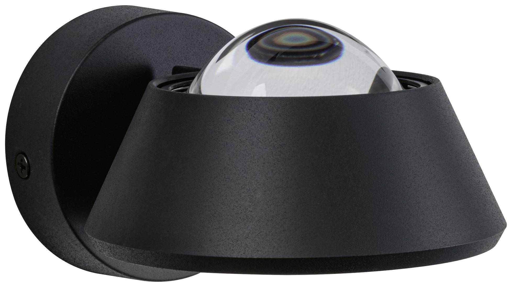 Black, semi-circular wall light with a clear, dome-shaped glass centre that projects light downwards. Modern, minimalist design.