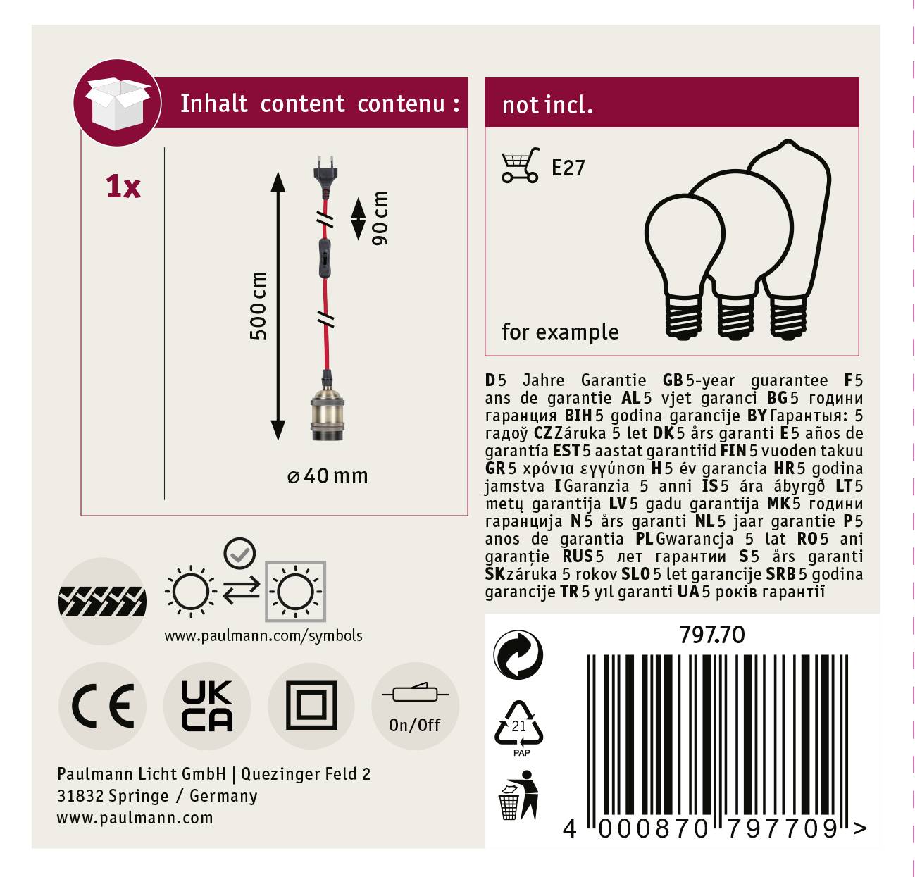 'Product packaging with light bulb information. 90 cm cable length, E27 socket, 40 mm diameter. Multilingual guarantee information.'