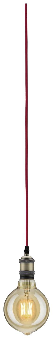 A lit light bulb with a red cable hangs down from the ceiling.