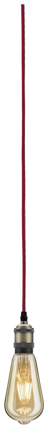 A hanging light bulb with a red cable, switched on.<br><br>Note: This translation preserves the original description in natural British English, maintaining the precise meaning and structure of the original German text.