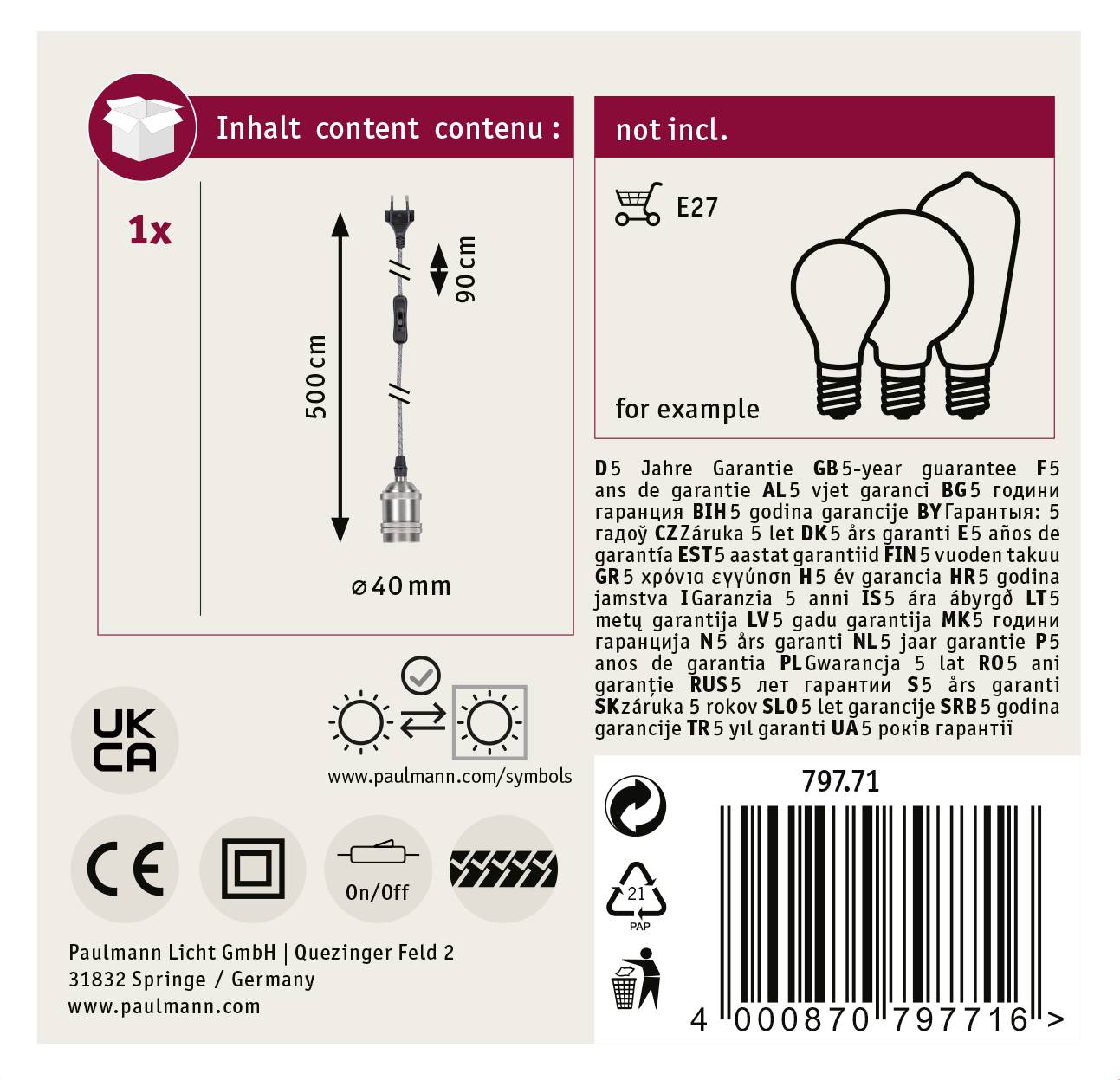 'Contents' shows an illustration of a lamp with dimensions (40 mm diameter, 90 cm length; 1x included). E27 socket not included.