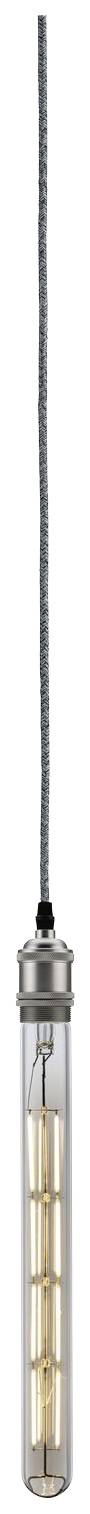 A long, slender, cylindrical pendant light with a metal frame and visible filament inside hangs from a cable.