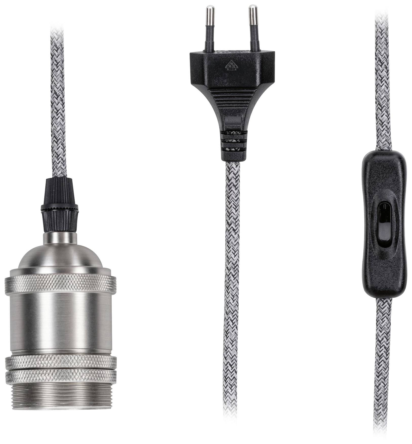 'Grey textile cable with silver lamp holder, black switch, and black plug.'