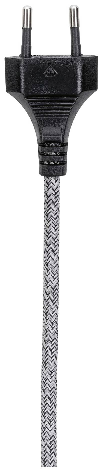 Black European plug with patterned cable, photographed from above.