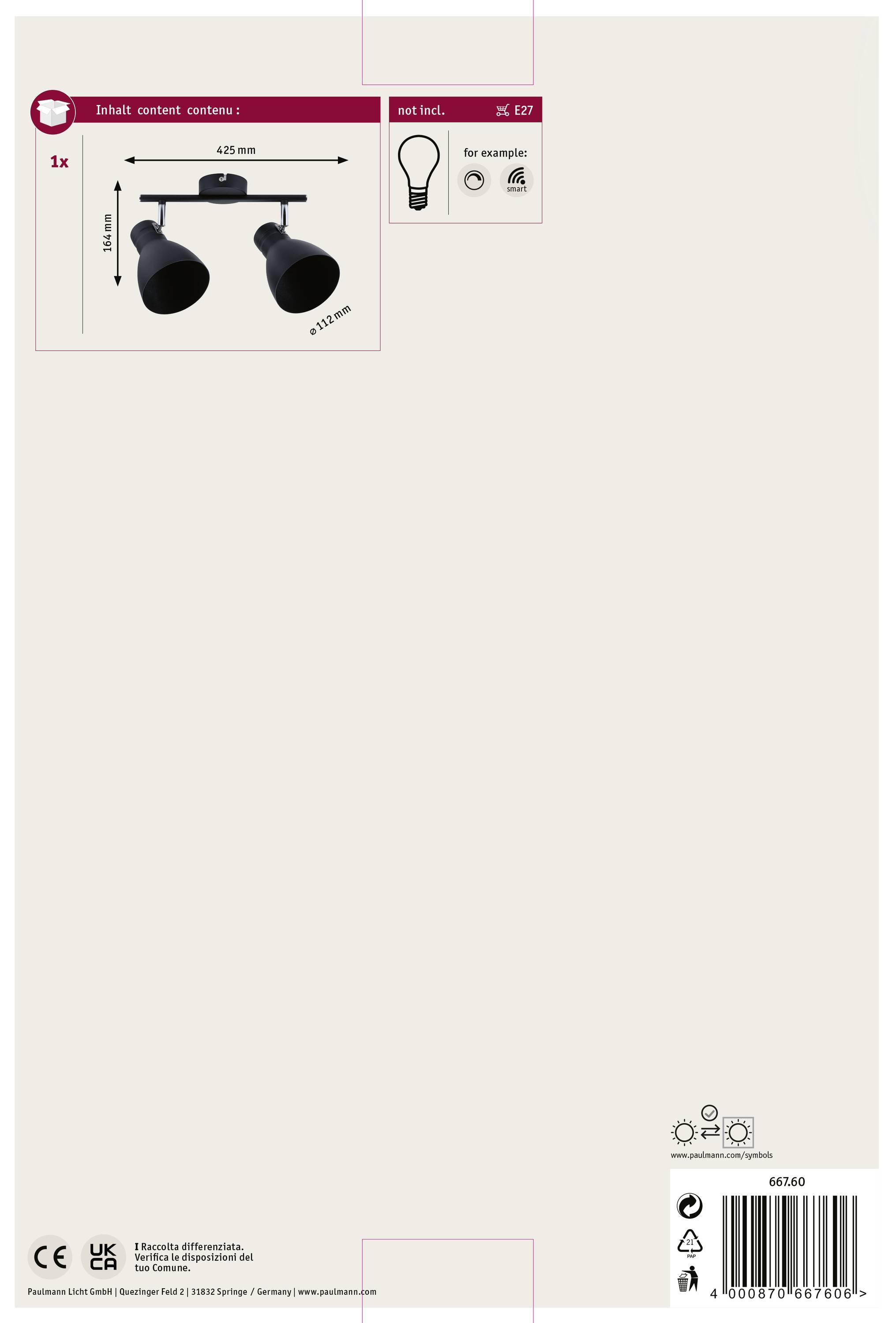 Back of Lamp Packaging: Illustration of a black double spotlight, dimensions 425 mm, compatible with E27 light bulbs. Energy efficiency symbols and details below.