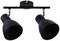 Two black ceiling spotlights mounted on a bracket, angled forwards.