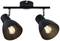 Black ceiling light with two adjustable spotlights and visible bulbs, suitable for directional lighting in interior spaces.