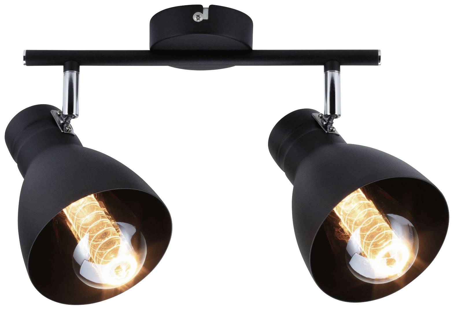 Two wall-mounted spotlights with black casings and visible filaments illuminate the room. They are mounted on a black rail.
