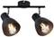 Black ceiling light with two adjustable lampshades in industrial style, both light sources are switched on.