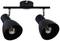 Black ceiling light with two adjustable spotlights on a horizontal arm, suitable for modern interiors.