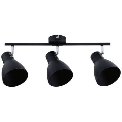 Black ceiling light with three adjustable lampshades, mounted on a horizontal beam.