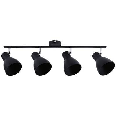 Black ceiling light with four adjustable spotlights on a horizontal track, suitable for targeted lighting.