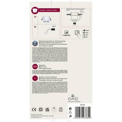 'Packaging for a 230V LED ceiling recessed set with 3 dimmable lights. Includes disposal instructions and safety information in multiple languages.'
