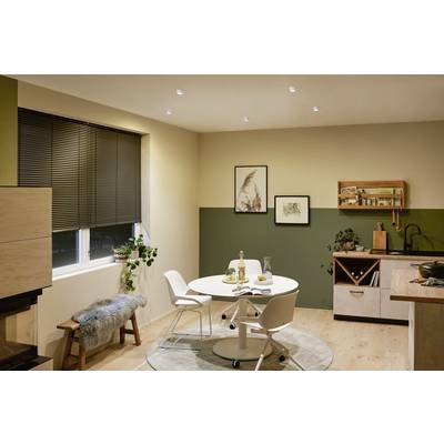 Dining area in a modern kitchen with a round table, four chairs, plants, wall art, and shelves. Area illuminated by ceiling spotlights.