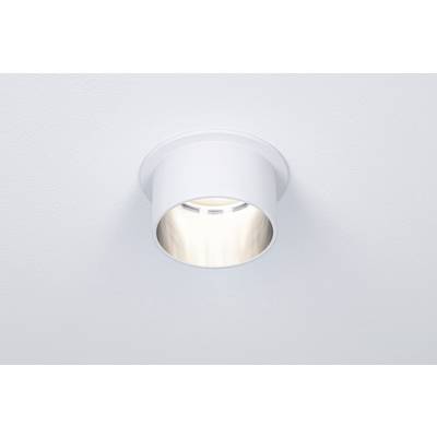 Ceiling light with a round, white housing, flush-mounted in the ceiling, providing warm, indirect illumination.
