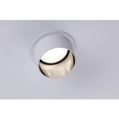 A round, recessed ceiling light with bright illumination on a white surface.