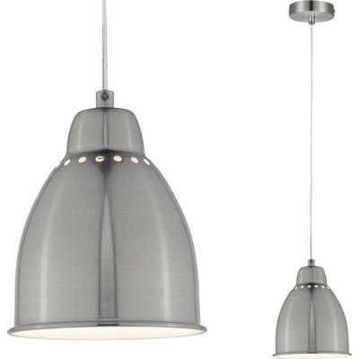 Two modern, metallic-gleaming pendant lights in conical shape hang from the ceiling and provide illumination.