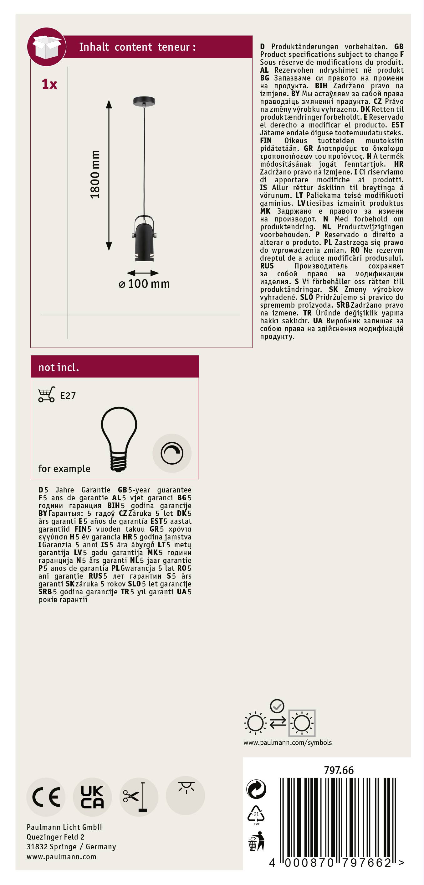 'Pendant lamp, 100 mm diameter, 1800 mm height, E27 fitting. Light bulb not included. Suitable example below.'