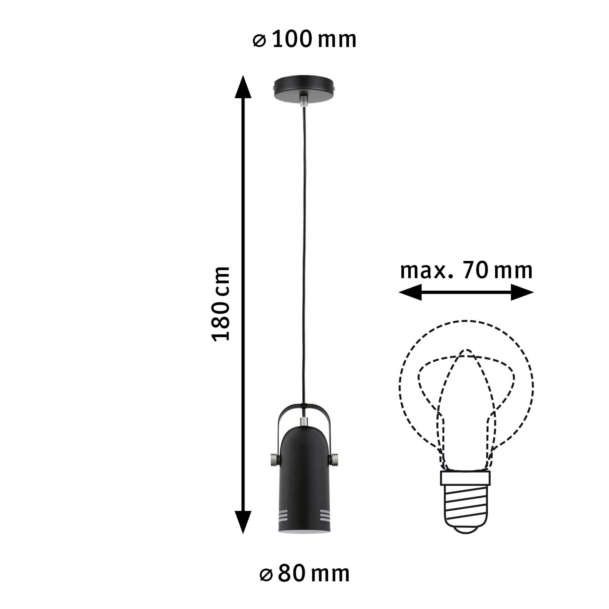 Black hanging lamp with cylindrical shade, 180 cm long. Ceiling mounting Ø 100 mm, lampshade Ø 80 mm. Suitable for light bulbs up to max. 70 mm wide.