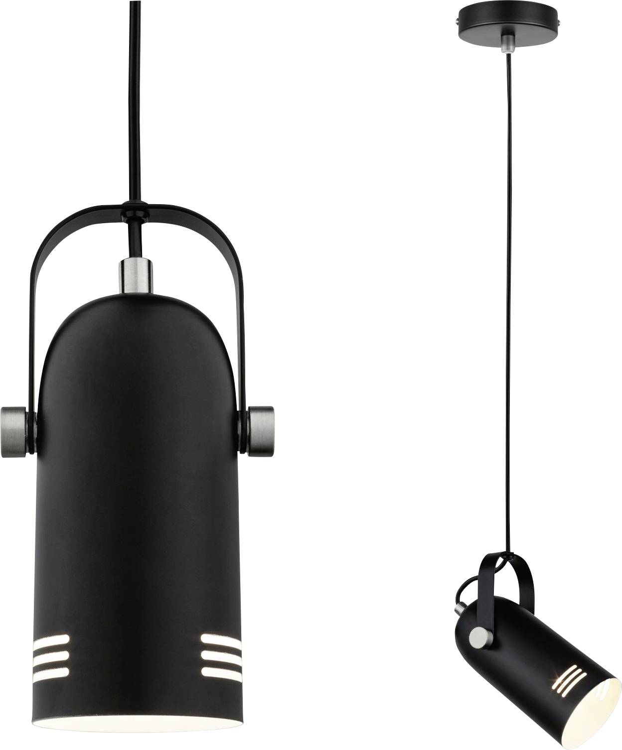 Black industrial pendant light with a cylindrical design and slits for light emission, suspended by a cable.